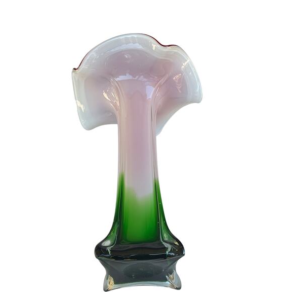 Murano Style Art Glass Vase Red White Green | Hand Blown Ruffled Mid Century - Picture 3 of 5